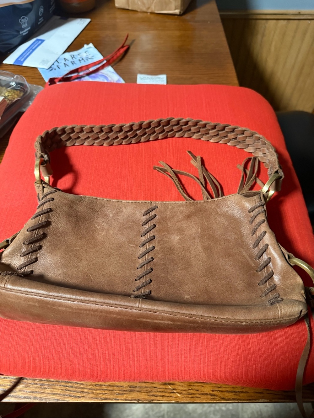 Elliott Lucca Tan Braided-Handle Leather Shoulder Bag with Whipstitch Trim
